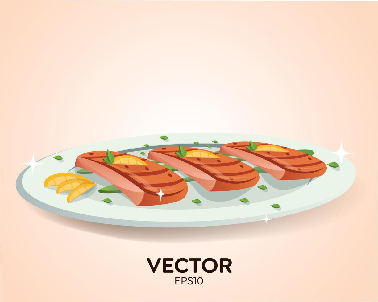 Very delicious grilled salmon on a plate tasty vector