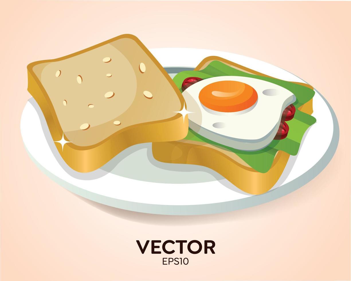 ilustración vectorial de un delicioso sándwich en el plato, capa de delicioso relleno de sándwich, capa de sándwich en el plato con relleno de huevo, tomate y verduras vector