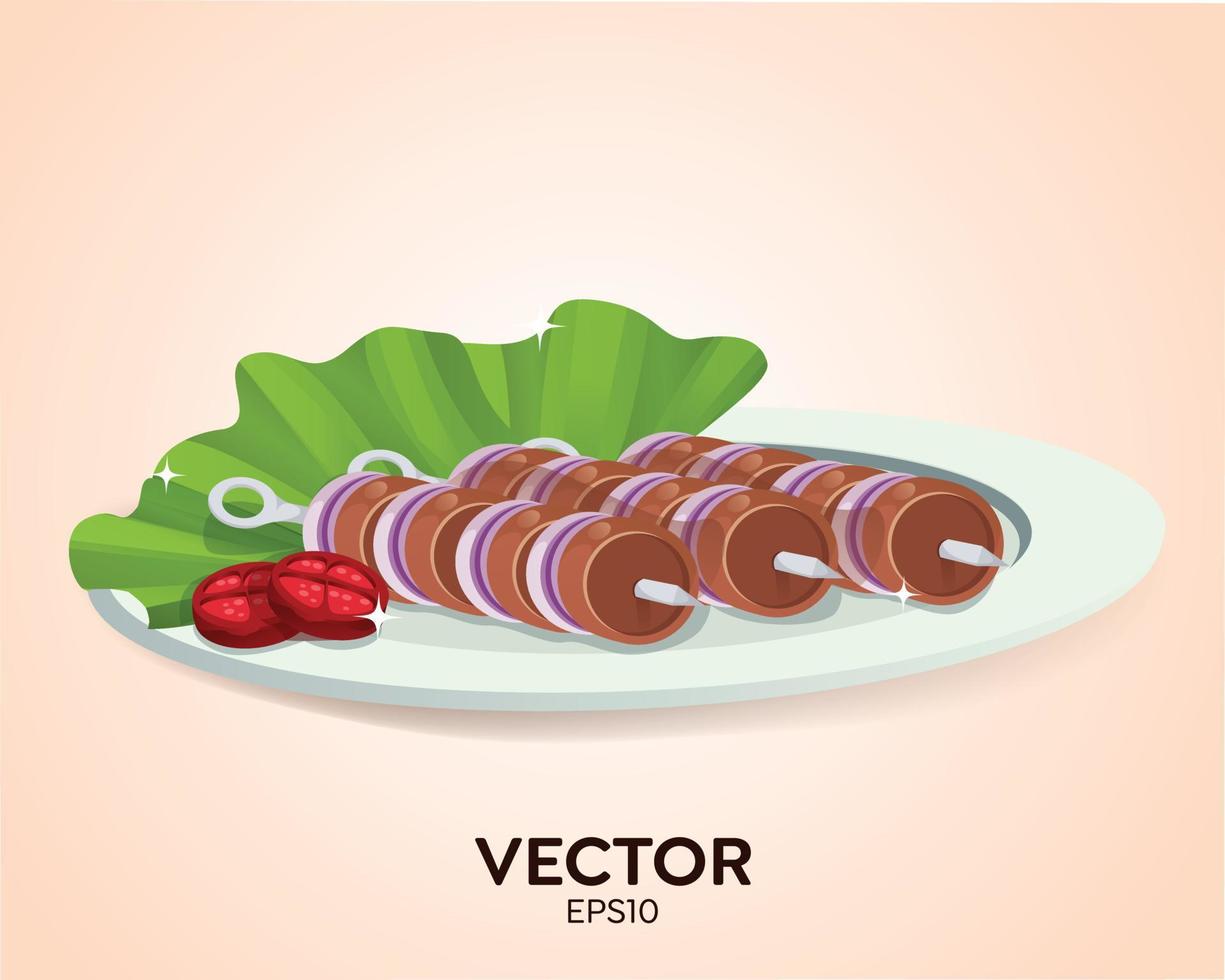 Kebabs set, roast meat, shashlik vector banner, illustration with meat pieces on wooden skewers, green plate, barbecue vegetables, grilled kebabs