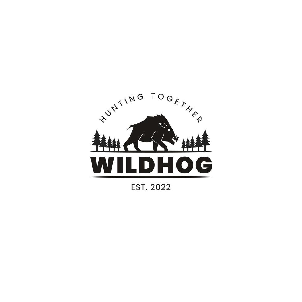 Wild Pig Hunter Logo Silhouette in the pine forest vector