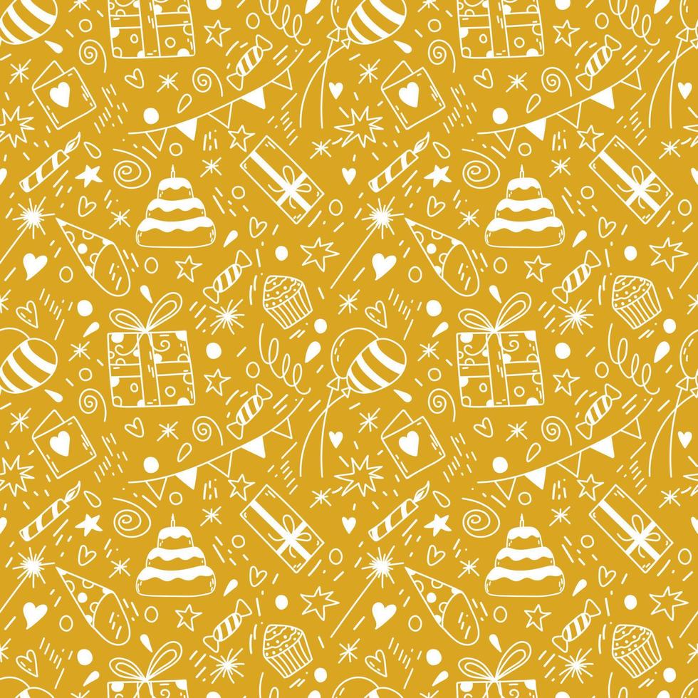 Birthday seamless pattern in vector. Hand drawn doodle background with gifts, cake, party flags, balloons, candle, confetti on gold for decor, textile design, digital scrapbooking vector