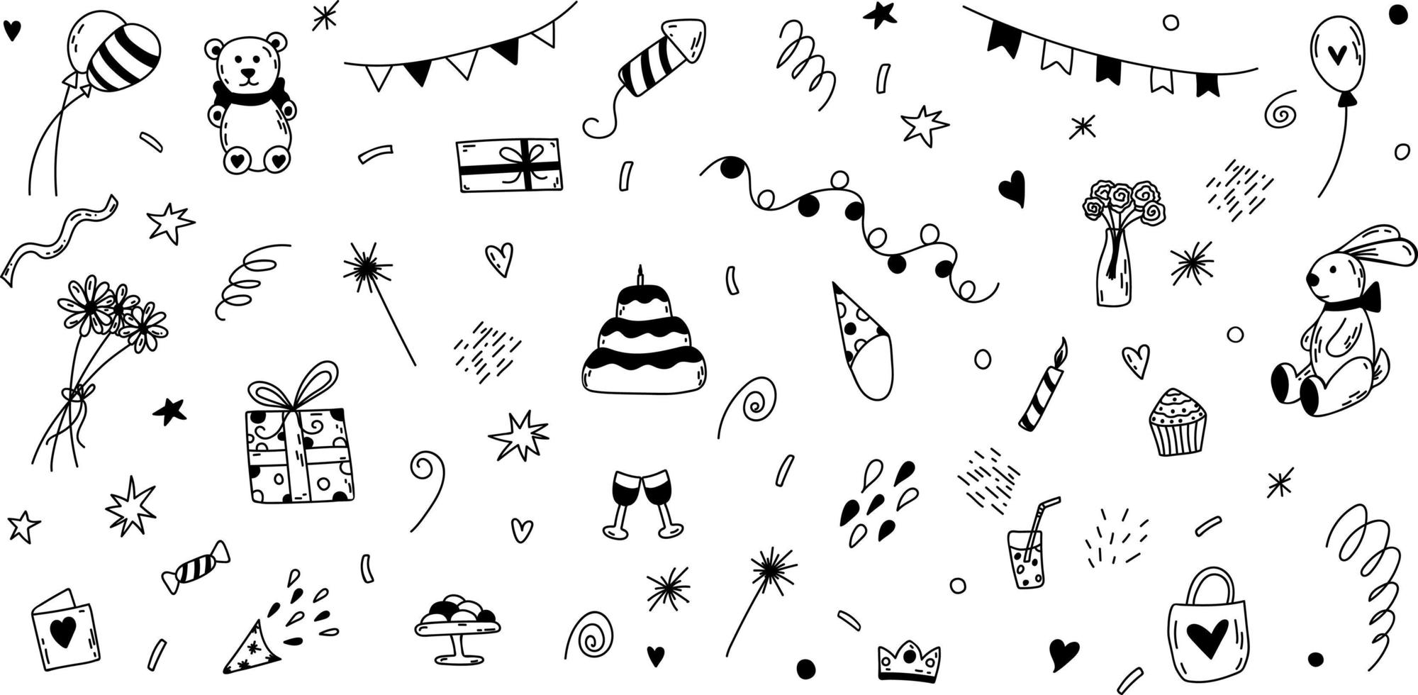 Vector doodle birthday set of elements. Hand-drawn illustration with cake, balloons, gift boxes.