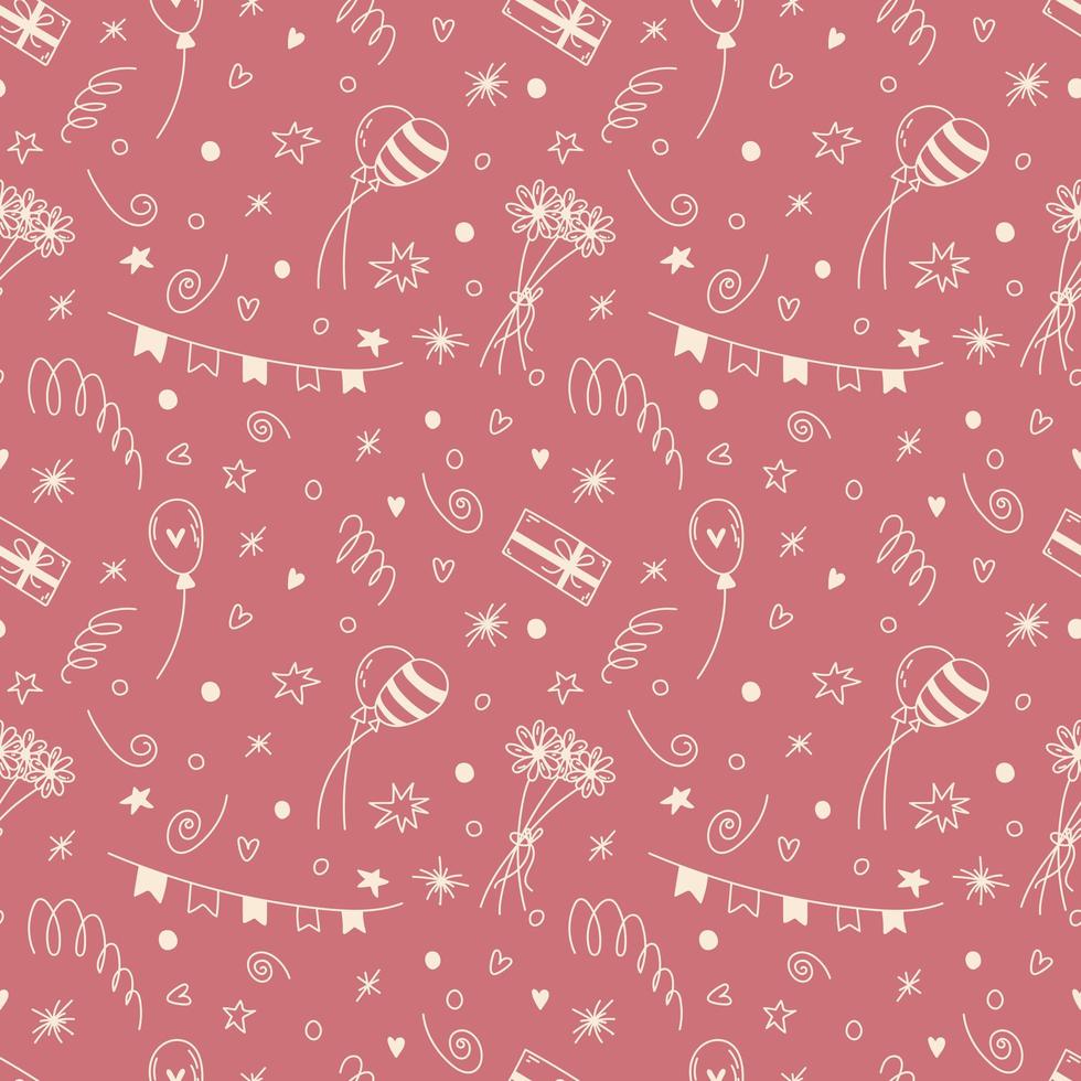 Birthday seamless vector pattern in pink and champagne doodle. Cute cartoon background for St. Valentine's