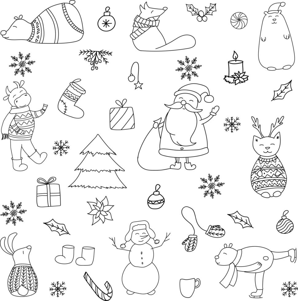 Vector hand drawn doodle. New Year set with forest animals and bull