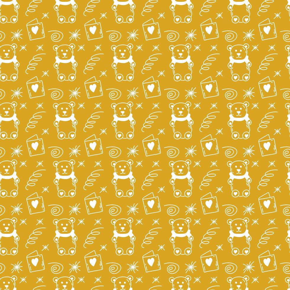Happy birthday party doodle gold and white seamless pattern. Vector illustration with teddy bear and gift card