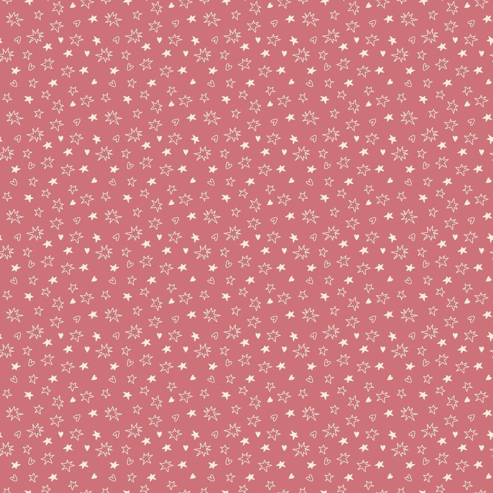 Seamless doodle vector pattern with hearts and stars on pink background