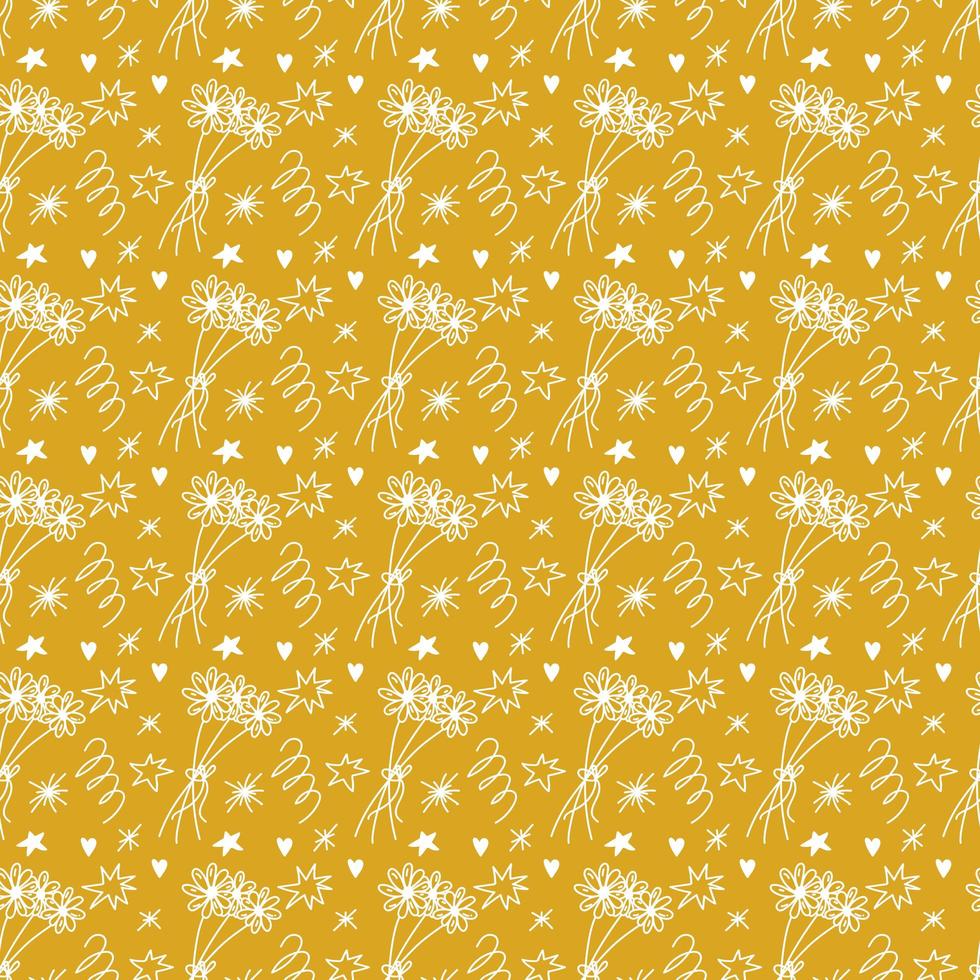 patrón de garabatos sin costuras en color dorado y blanco. ilustración vectorial con daises en estilo retro. vector