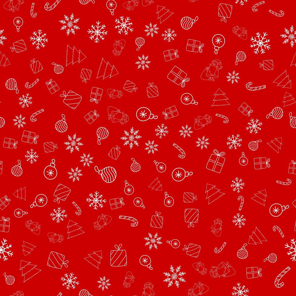 patrón de vector transparente de año nuevo con adorno de navidad, santa claus, copo de nieve, bastón de caramelo, árbol, regalos sobre fondo rojo