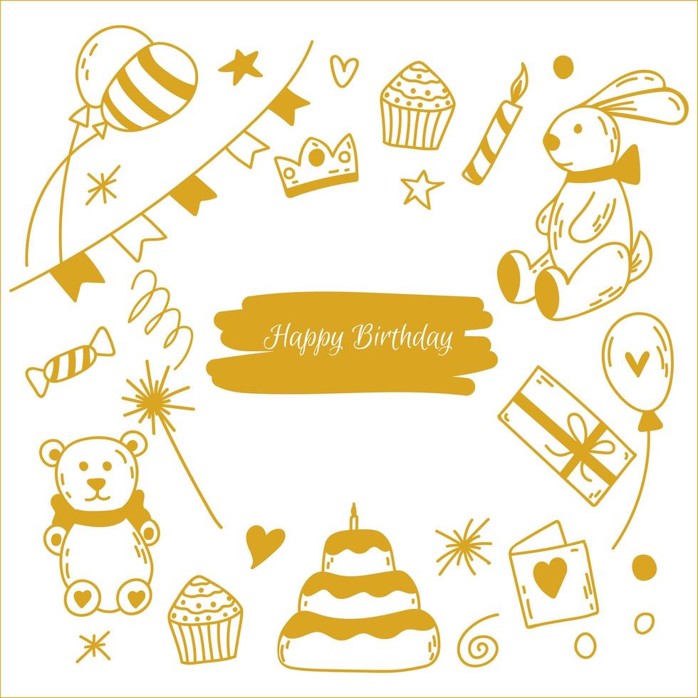 Hand drawn doodle birthday party card. Vector illustration with cake, candle, garland, bunny, teddy bear, gift box and bows, card, crown, stars, sparklers, confetti.