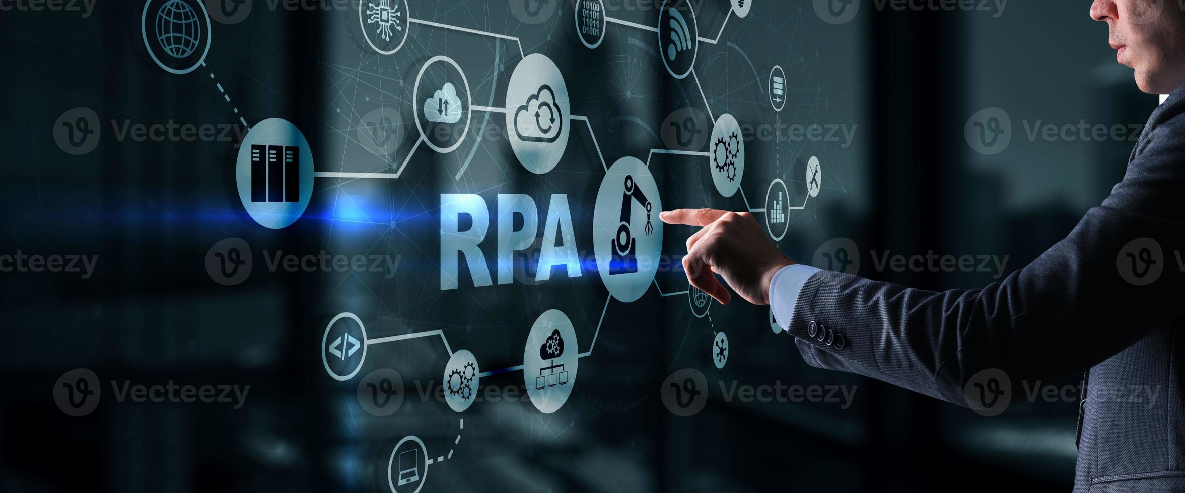 rpa. concepto de automatización de procesos robóticos en pantalla virtual foto