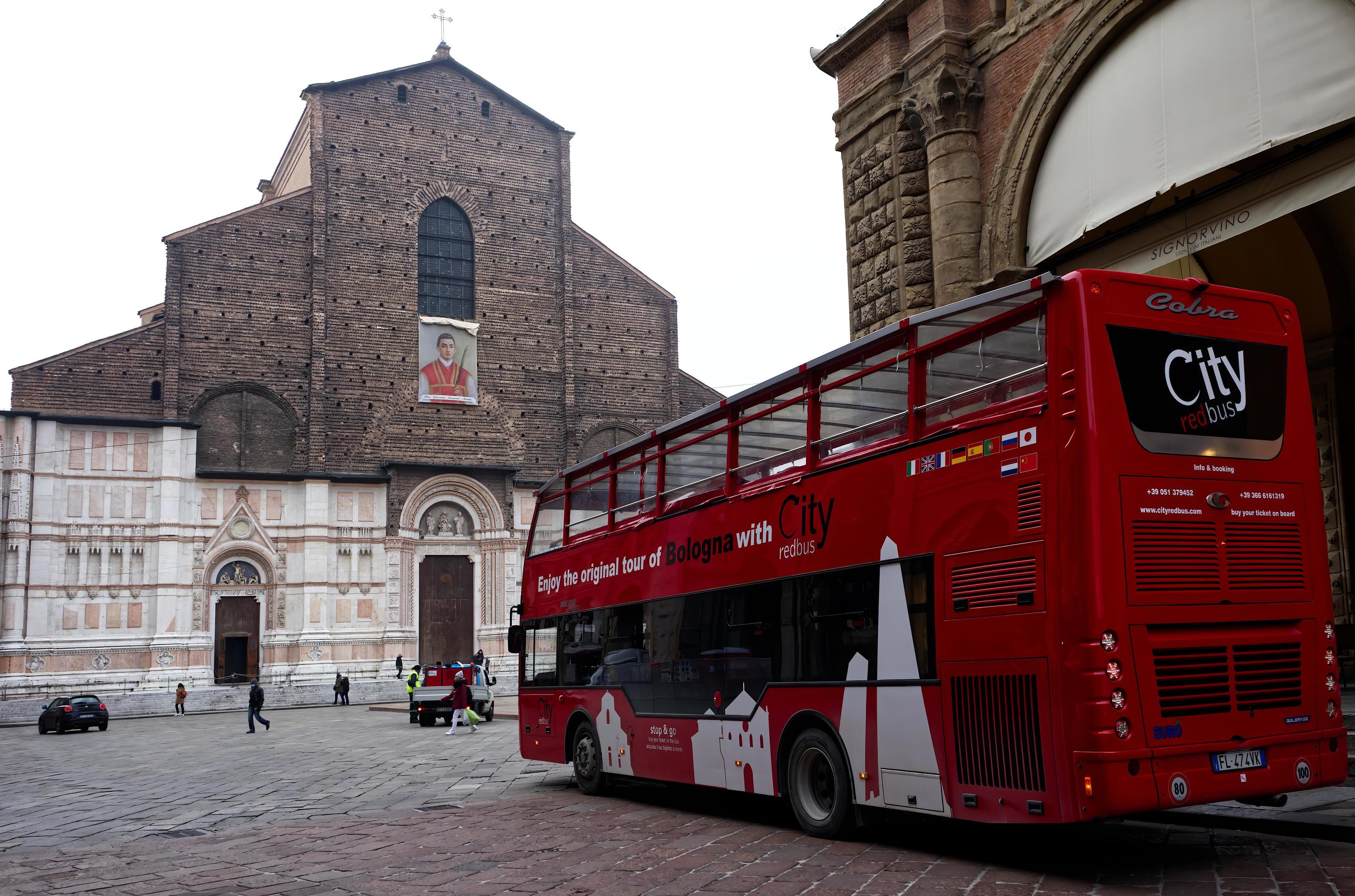 Bologna, Italy, 2021, City Red Bus. New tourist Bus Service provided by