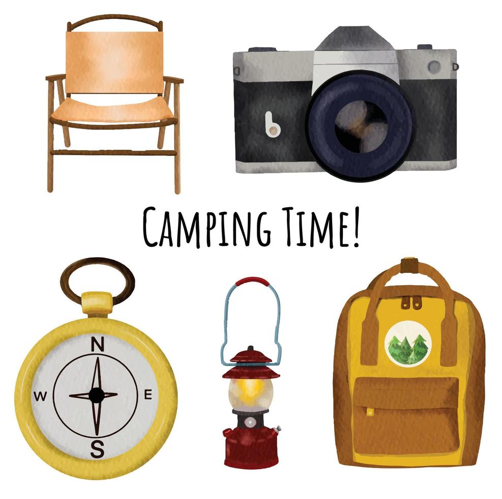 Watercolor Camping time with trekking equipment vector