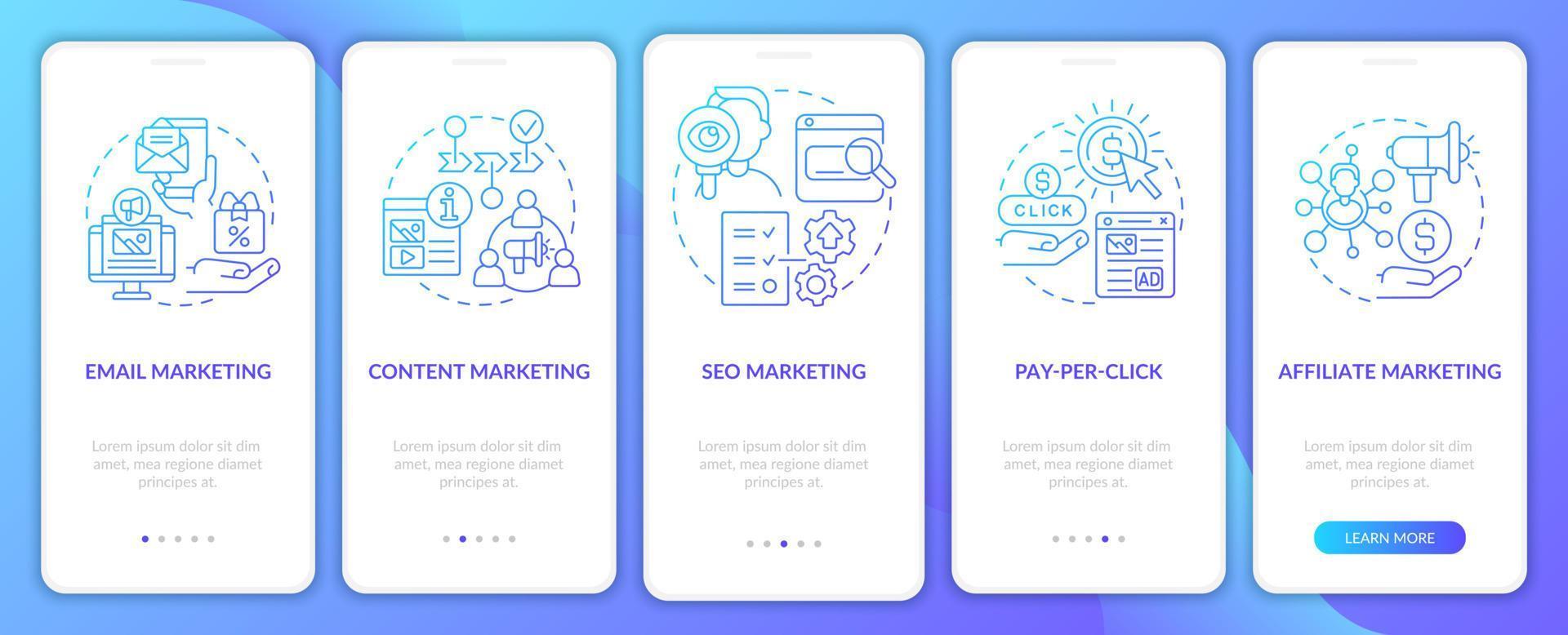 estrategias de marketing degradado azul incorporando la pantalla de la aplicación móvil. promover páginas de instrucciones gráficas de 5 pasos con conceptos lineales. interfaz de usuario, ux, plantilla de interfaz gráfica de usuario. innumerables fuentes pro-negrita y regulares utilizadas vector