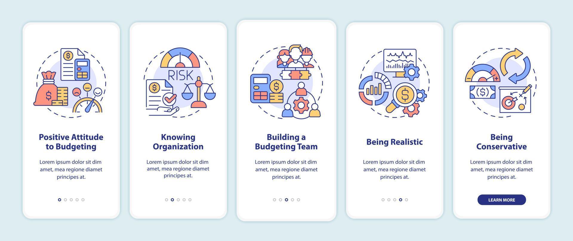 Budgeting onboarding mobile app screen. Financial planning for business walkthrough 5 steps graphic instructions pages with linear concepts. UI, UX, GUI template. Myriad Pro-Bold, Regular fonts used vector