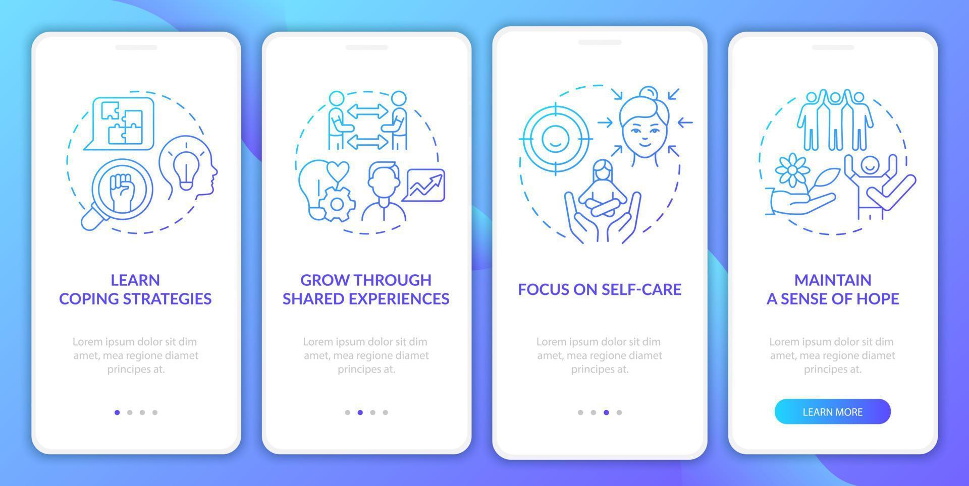 Support group pros blue gradient onboarding mobile app screen. Hope sense walkthrough 4 steps graphic instructions pages with linear concepts. UI, UX, GUI template. Myriad Pro-Bold, Regular fonts used vector