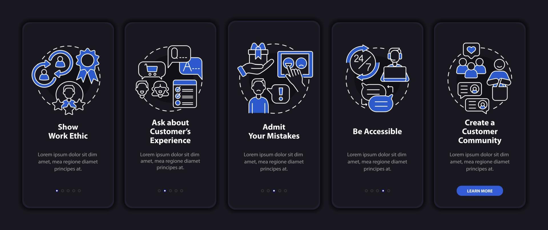 Customer service tips night mode onboarding mobile app screen. Walkthrough 5 steps graphic instructions pages with linear concepts. UI, UX, GUI template. Myriad Pro-Bold, Regular fonts used vector