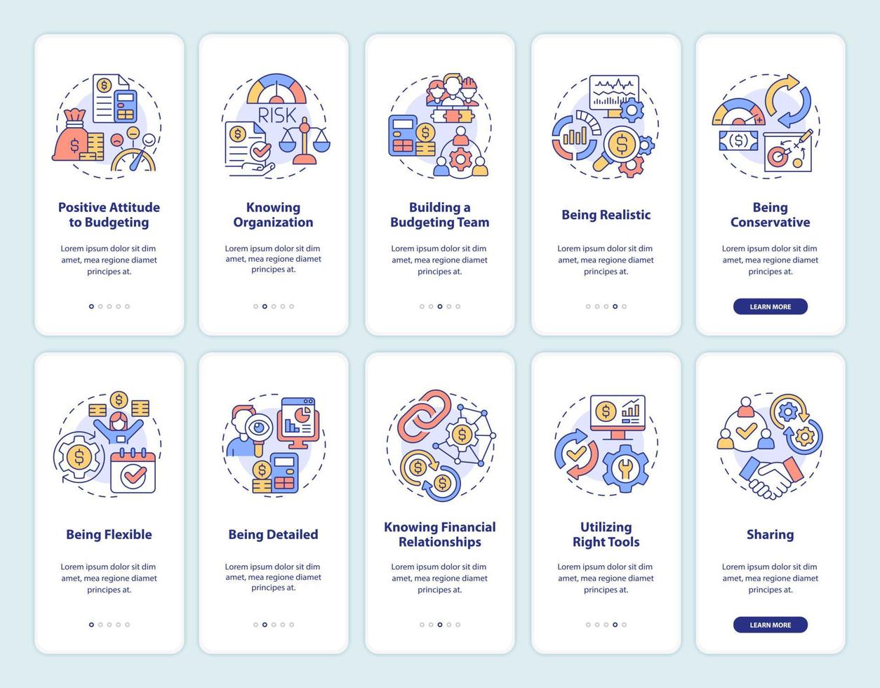 Financial business plan onboarding mobile app screen set. Walkthrough 5 steps graphic instructions pages with linear concepts. UI, UX, GUI template. Myriad Pro-Bold, Regular fonts used vector