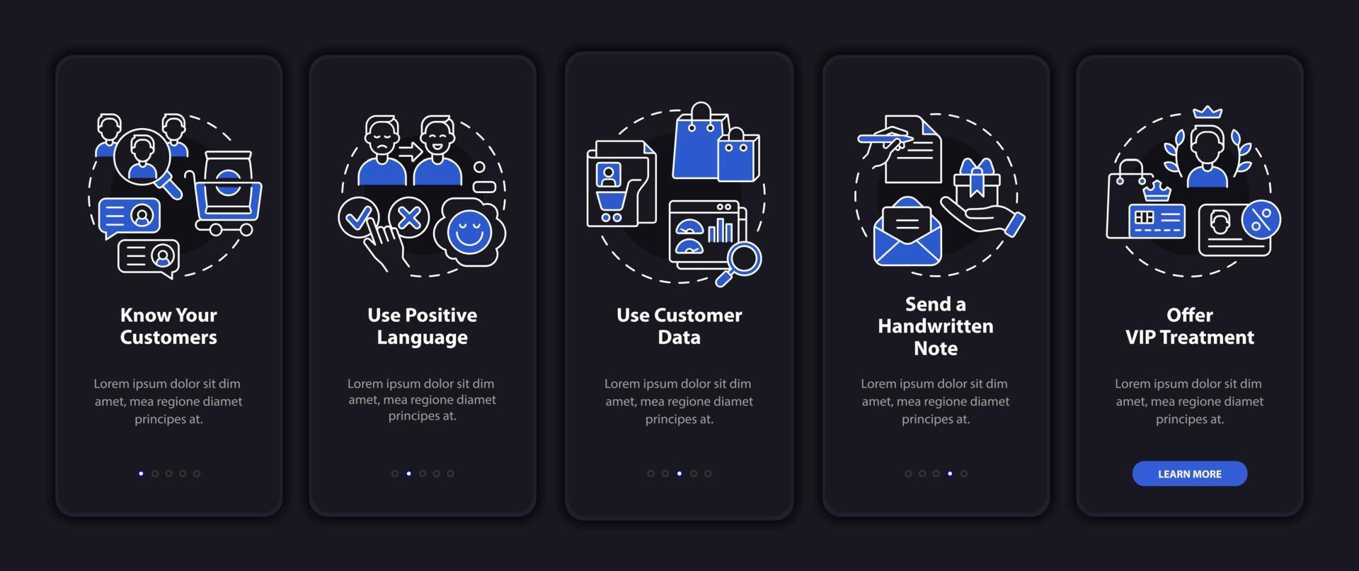 Customer assistance tips night mode onboarding mobile app screen. Walkthrough 5 steps graphic instructions pages with linear concepts. UI, UX, GUI template. Myriad Pro-Bold, Regular fonts used vector