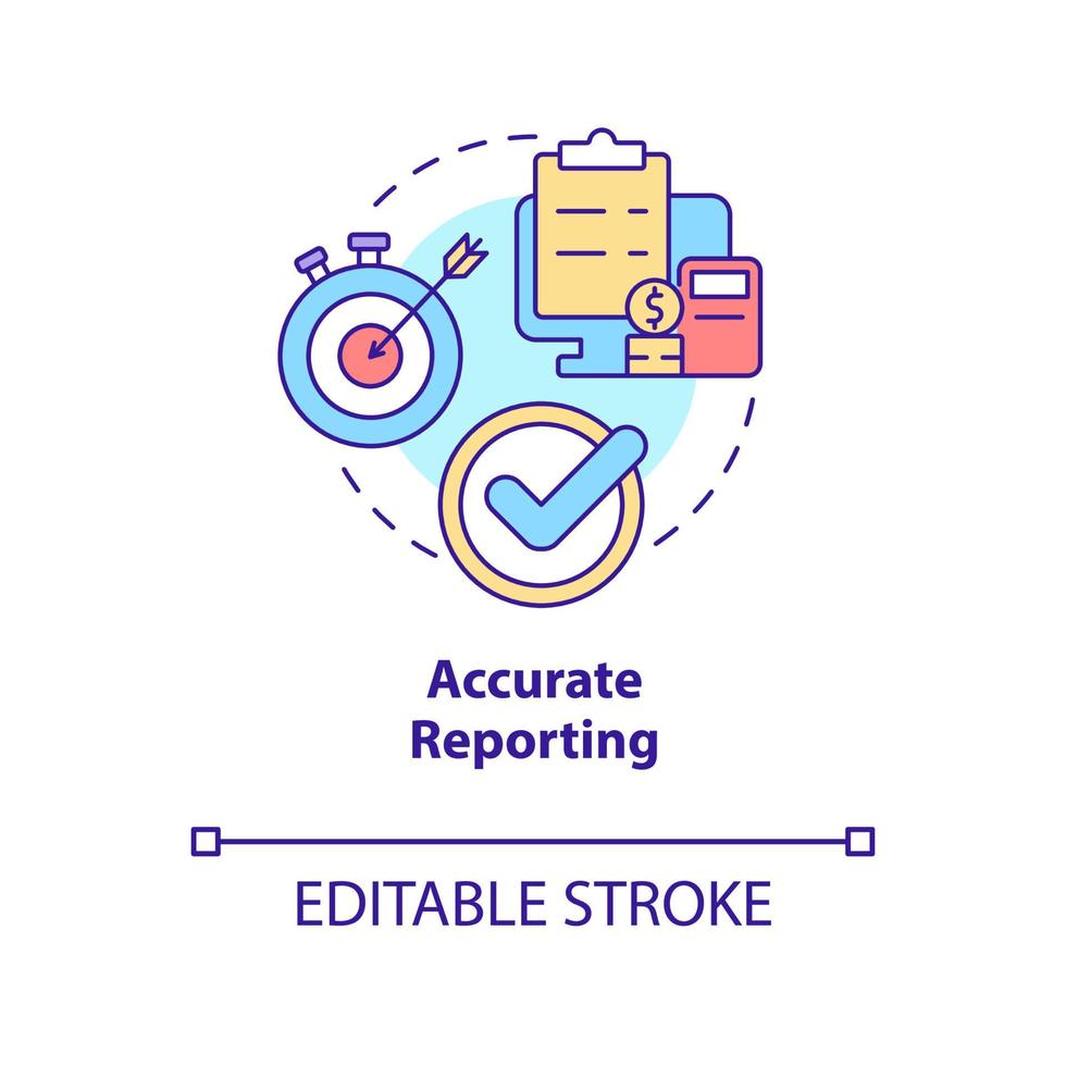 Accurate reporting concept icon. Business tool advantage abstract idea thin line illustration. Right data. Isolated outline drawing. Editable stroke. Roboto-Medium, Myriad Pro-Bold fonts used vector