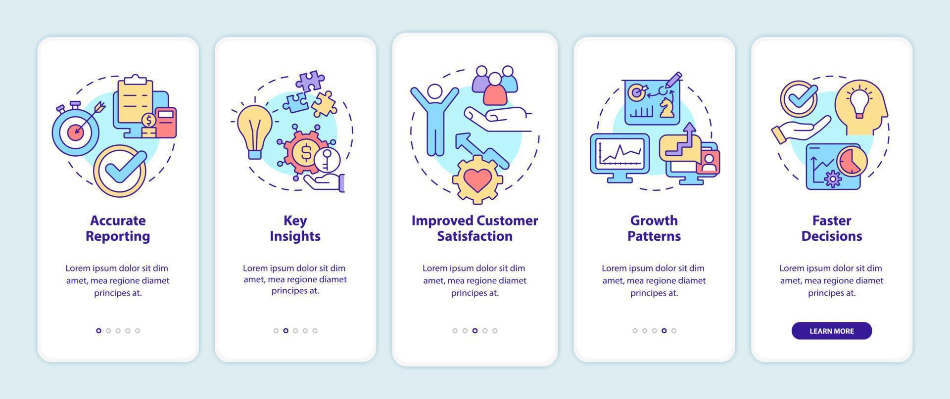 Business tools advantages onboarding mobile app screen. Key insights walkthrough 5 steps graphic instructions pages with linear concepts. UI, UX, GUI template. Myriad Pro-Bold, Regular fonts used vector