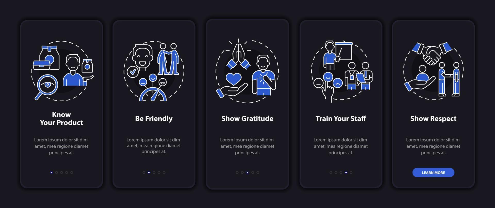 Customer service night mode onboarding mobile app screen. Walkthrough 5 steps graphic instructions pages with linear concepts. UI, UX, GUI template. Myriad Pro-Bold, Regular fonts used vector