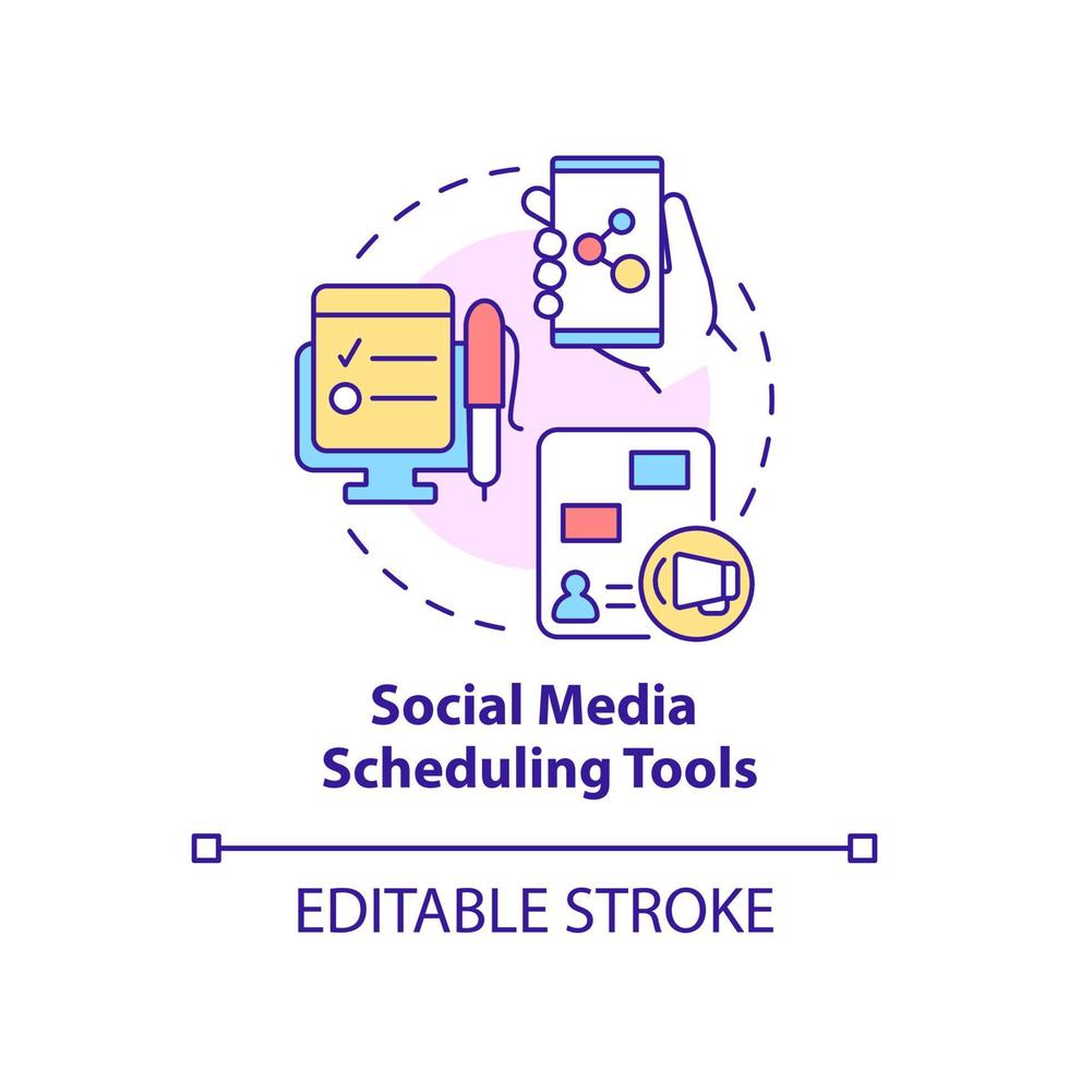 Social media scheduling tools concept icon. Marketing strategy abstract idea thin line illustration. Isolated outline drawing. Editable stroke. Roboto-Medium, Myriad Pro-Bold fonts used vector