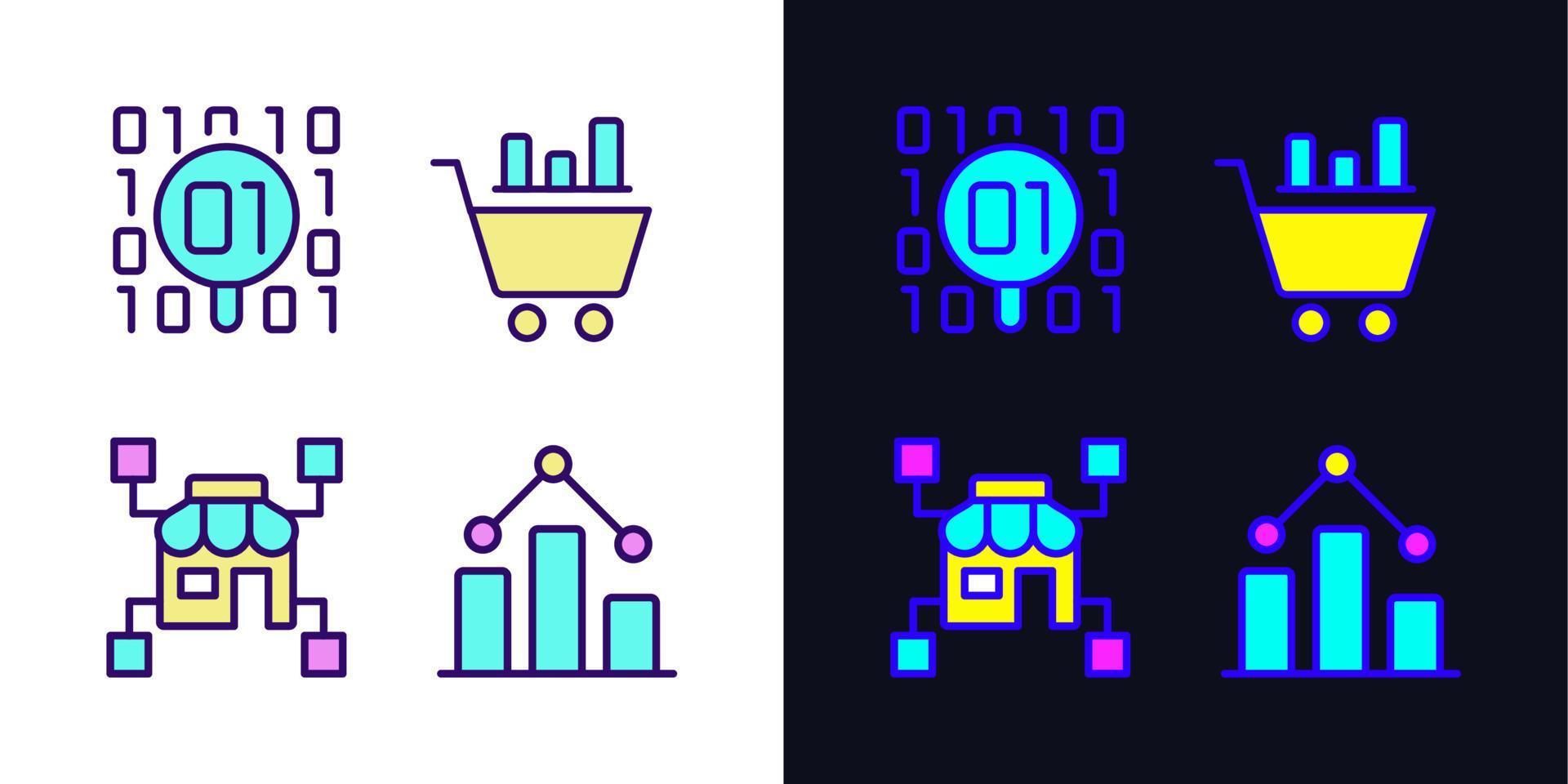 Retail data mining and analytics light and dark theme RGB color pixel perfect icons set. Virtual marketing researching. Digital business tool. Simple filled line drawings pack on white and black space vector