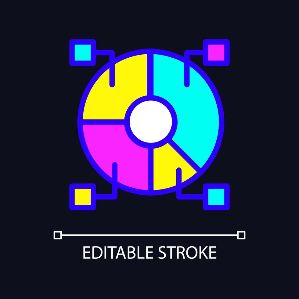 Data set analytics RGB color pixel perfect icon for dark theme. Information structure researching. Data mining. Simple filled line drawing on night mode background. Editable stroke. Arial font used vector