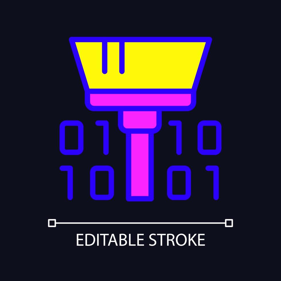 Cleaning dataset tool RGB color pixel perfect icon for dark theme. Safe data mining. Analyzing information. Simple filled line drawing on night mode background. Editable stroke. Arial font used vector