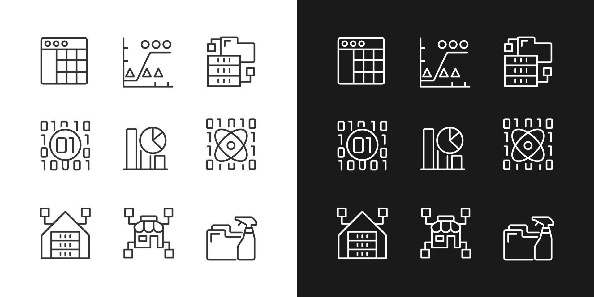 minería de datos en la industria iconos perfectos de píxeles lineales establecidos para modo oscuro y claro. conocimiento descubriendo en los datos. símbolos de línea fina personalizables. Ilustraciones de vectores aislados