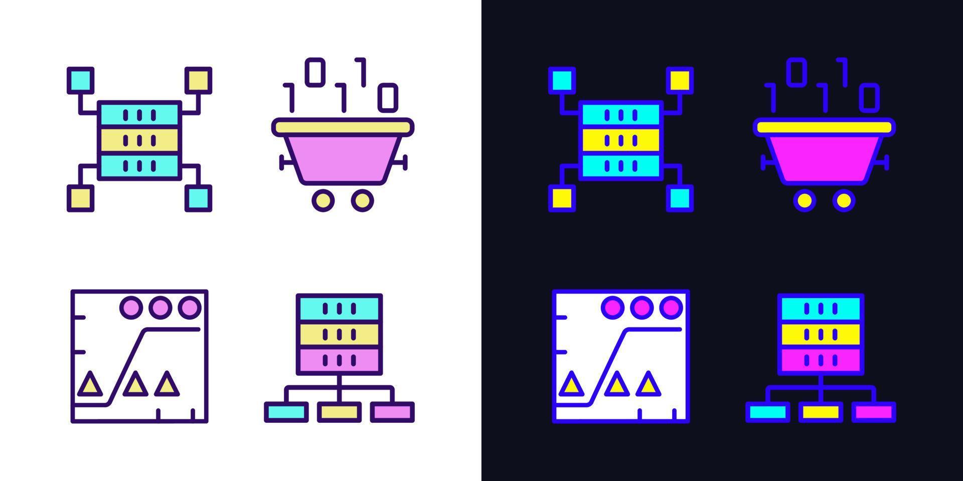 Dataset processing light and dark theme RGB color pixel perfect icons set. Data mining and storage. Statistic information analyzing. Simple filled line drawings pack on white and black space vector