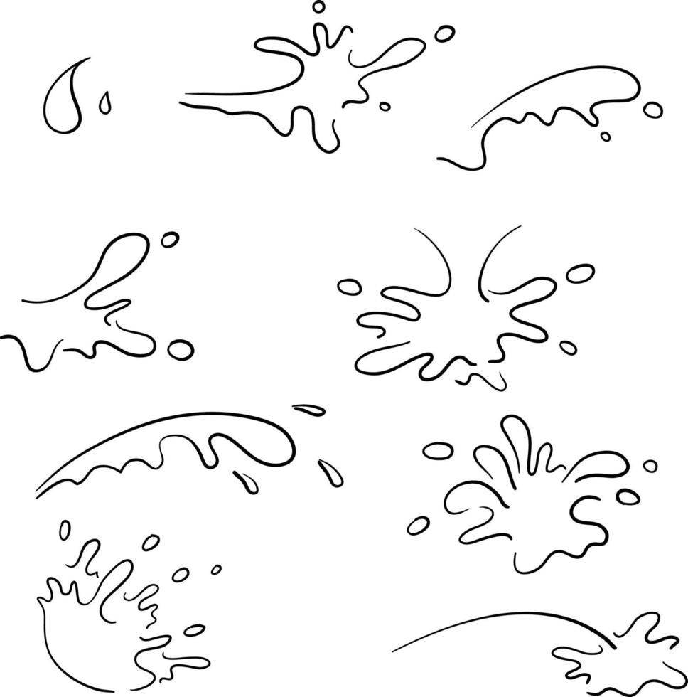 collection of splash water with drops, a splash of falling water hand drawn doodle cartoon style vector