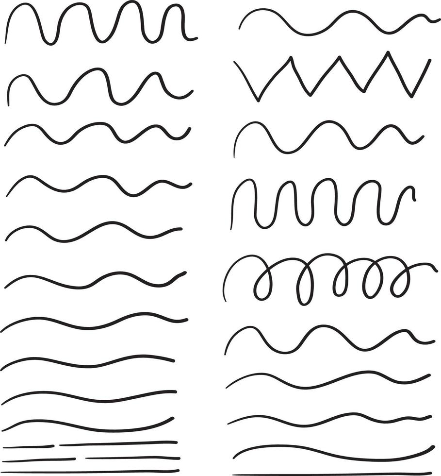 línea de onda dibujada a mano y líneas onduladas en zigzag. subrayados negros vectoriales, garabatos curvos horizontales ondulados de extremo liso aislados vector