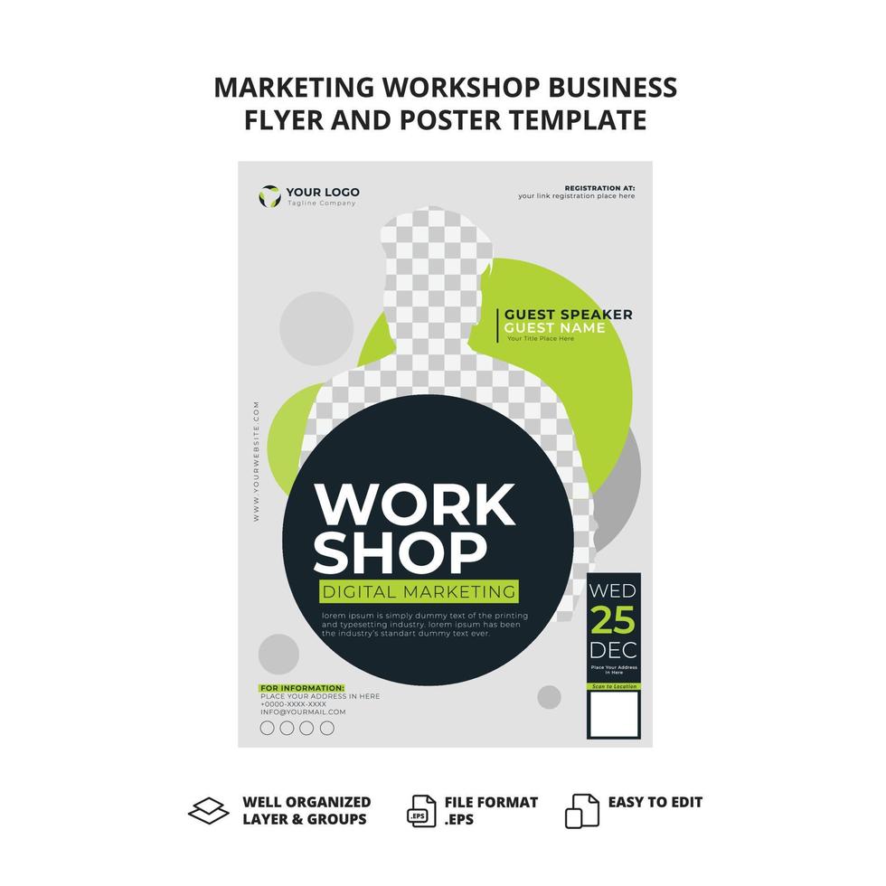 plantilla de folleto y póster de negocios de taller de marketing vector