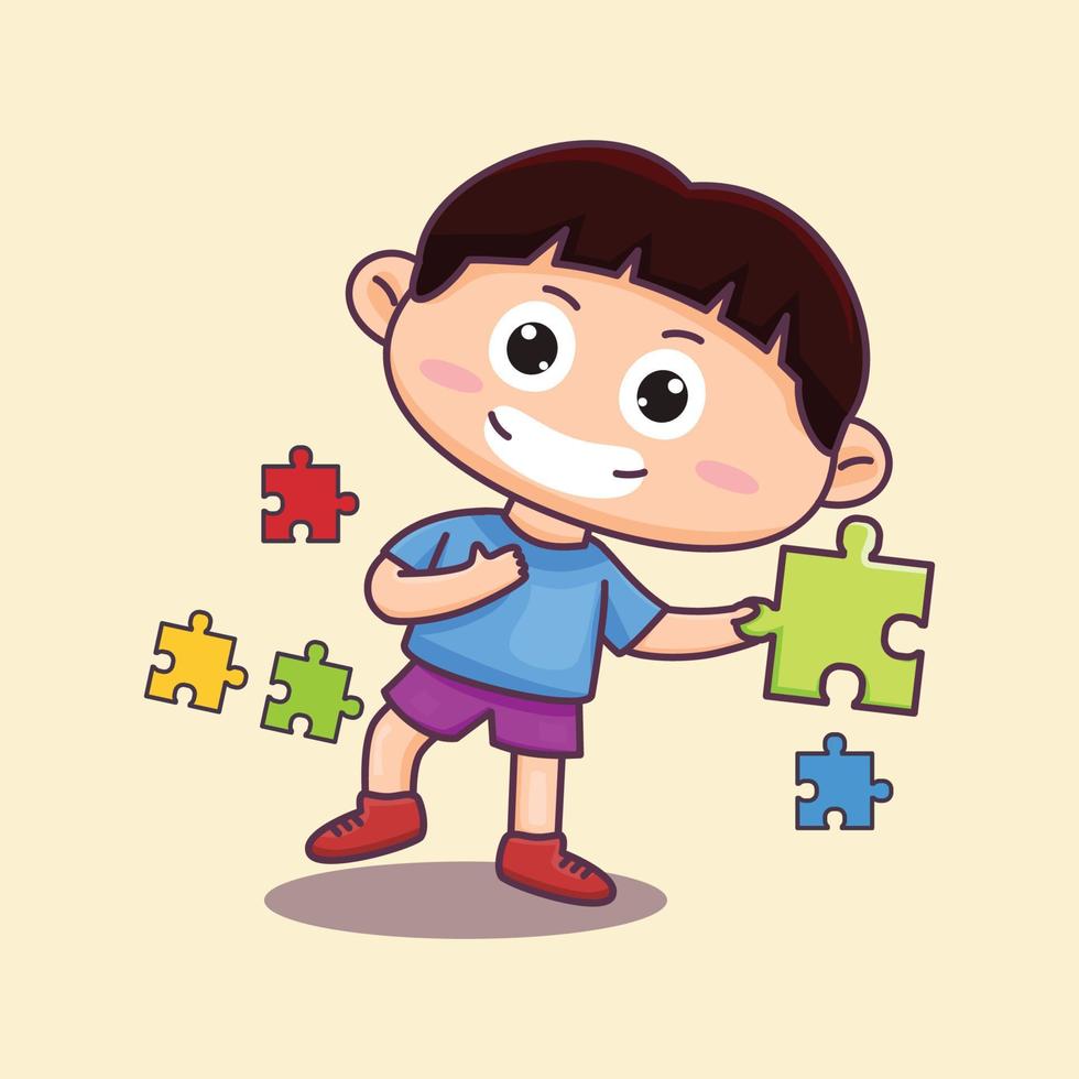 ilustración de conciencia de autismo, niño lindo jugando rompecabezas con sonrisa feliz vector