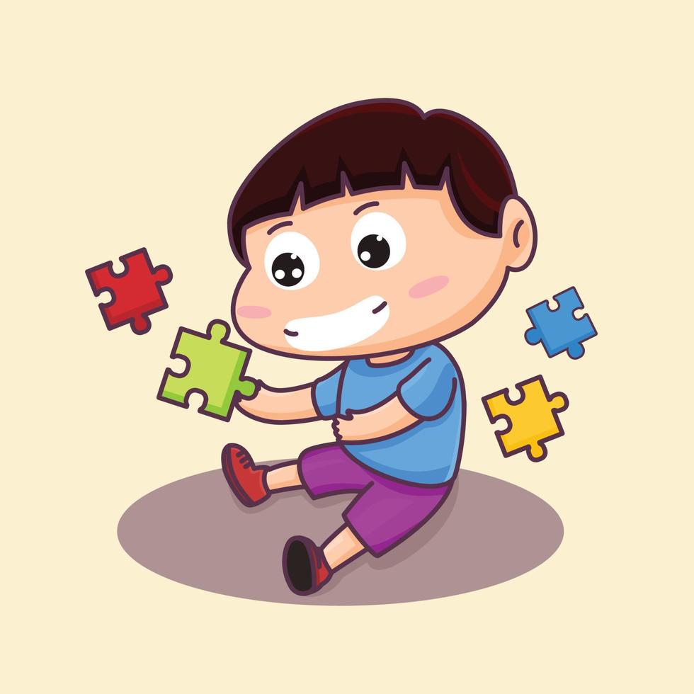 Cute little boy playing jigsaw puzzle. Sit playing. holding a colorful puzzle. Cartoon vector illustration