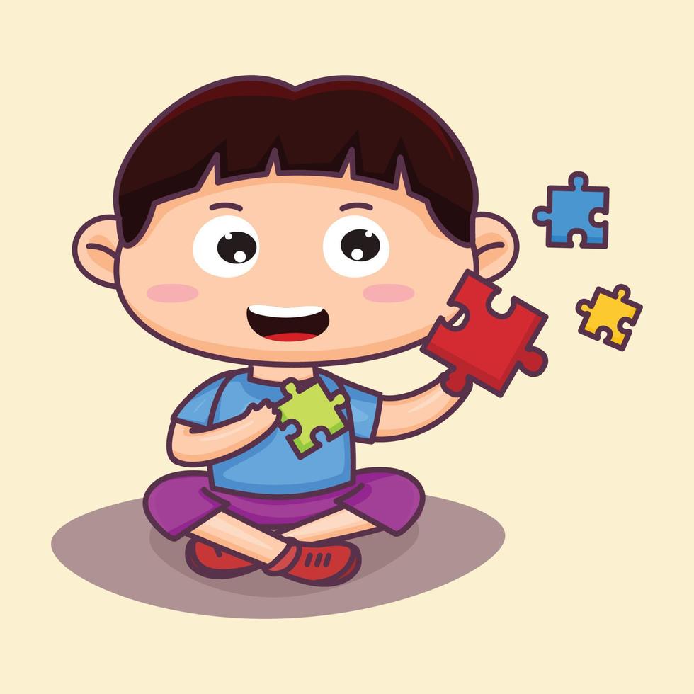 Cute little boy playing jigsaw puzzle. Sit playing. holding a colorful puzzle. Cartoon vector illustration