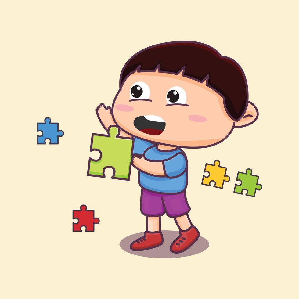 Autism awareness illustration, cute kid playing puzzle with happy smile vector