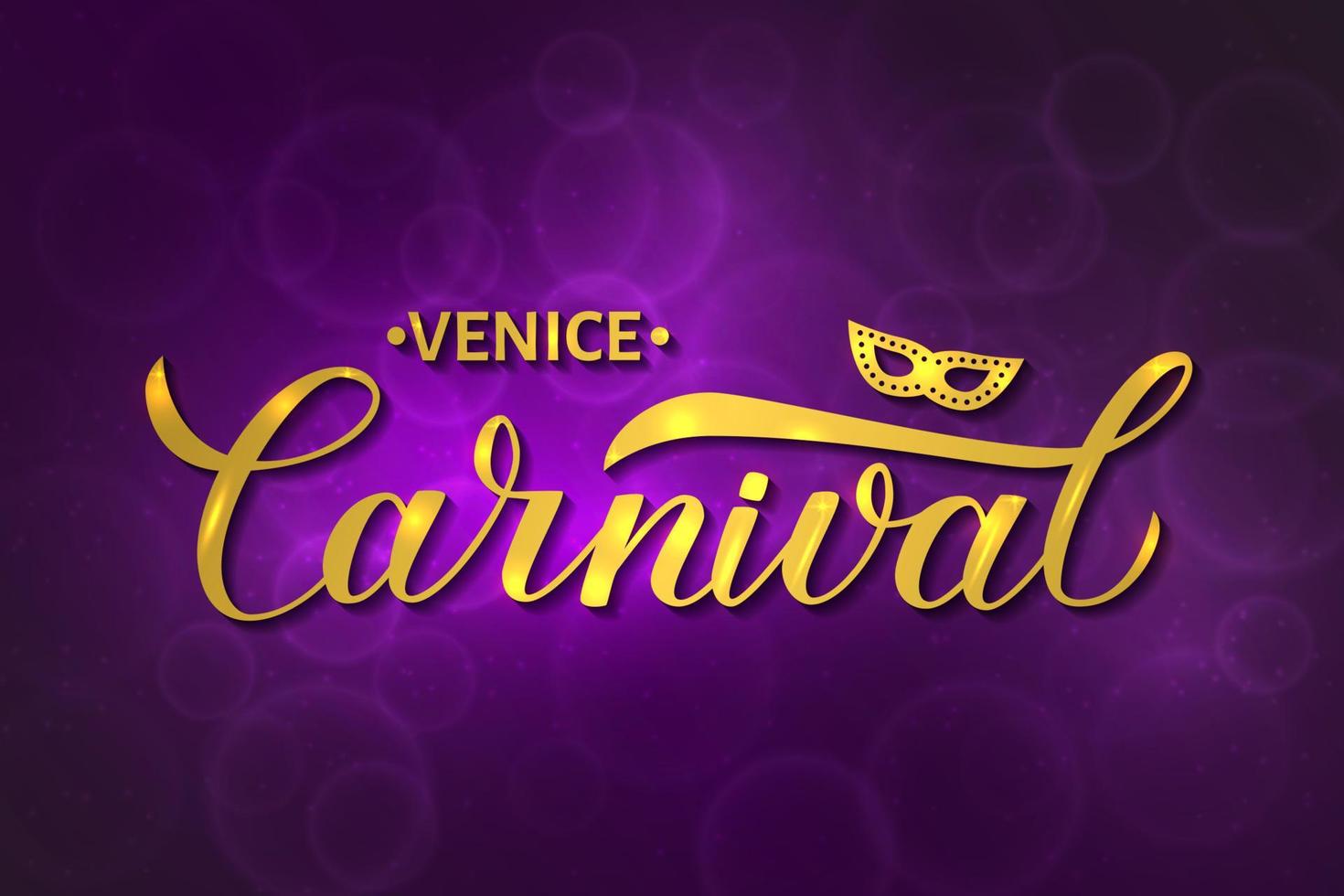 Venice carnival poster. Carnival gold calligraphy lettering with mask on bright purple blurred bokeh background. Masquerade party poster or invitation. Vector illustration. Easy to edit template.