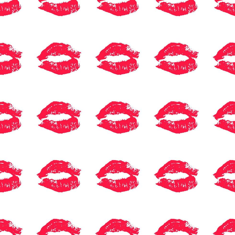 beso de lápiz labial rojo de patrones sin fisuras en blanco. labios imprime ilustración vectorial. perfecto para postales del día de San Valentín, tarjetas de felicitación, diseño textil, papel de regalo, etc. vector