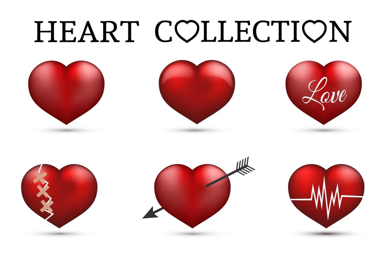 Red heart collections. Set of six realistic hearts isolated on white background. 3d icons. Valentine s day vector illustration. Love story symbol. Easy to edit design template.