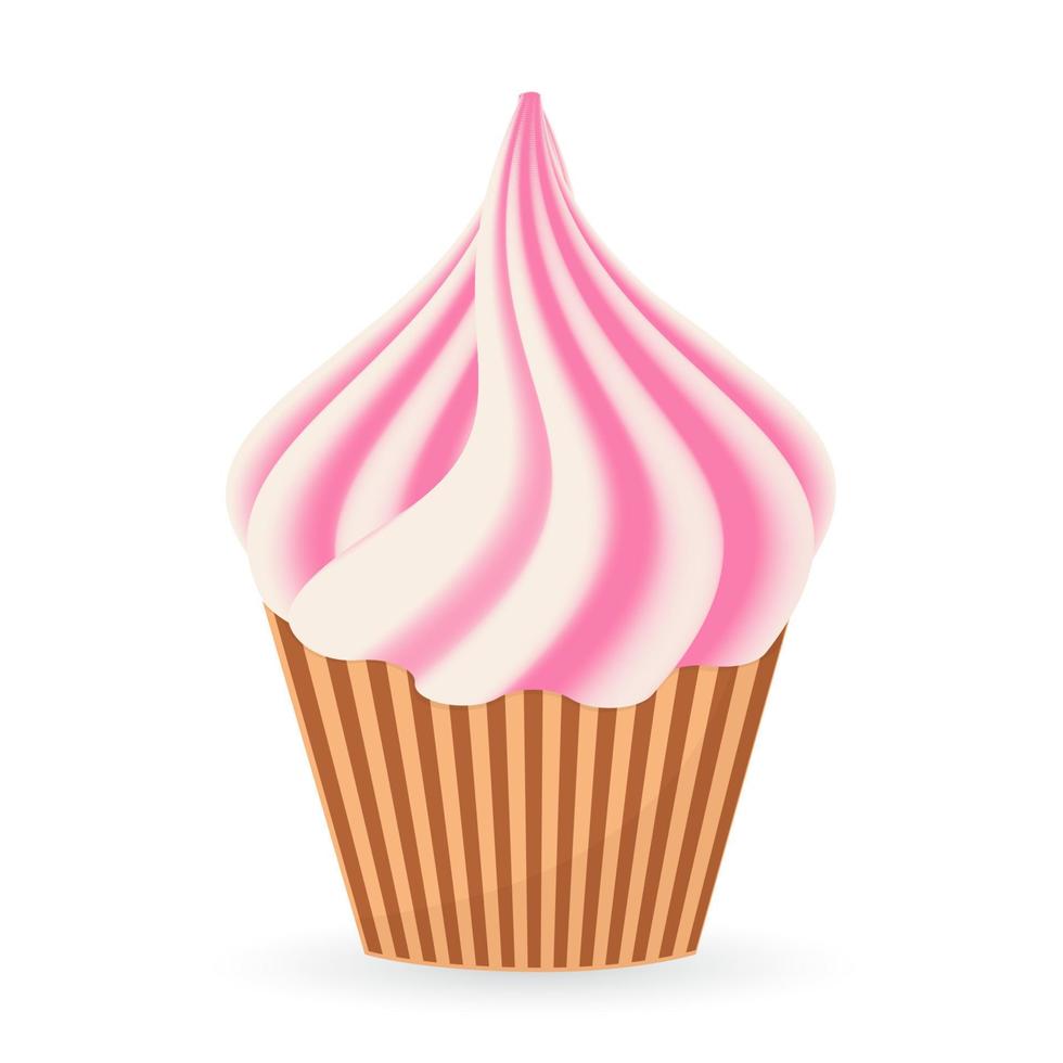Cupcake with white and pink cream isolated on white background. Vanilla and strawberry sweets. Vector illustration for bakeries, cafes and restaurant menus.