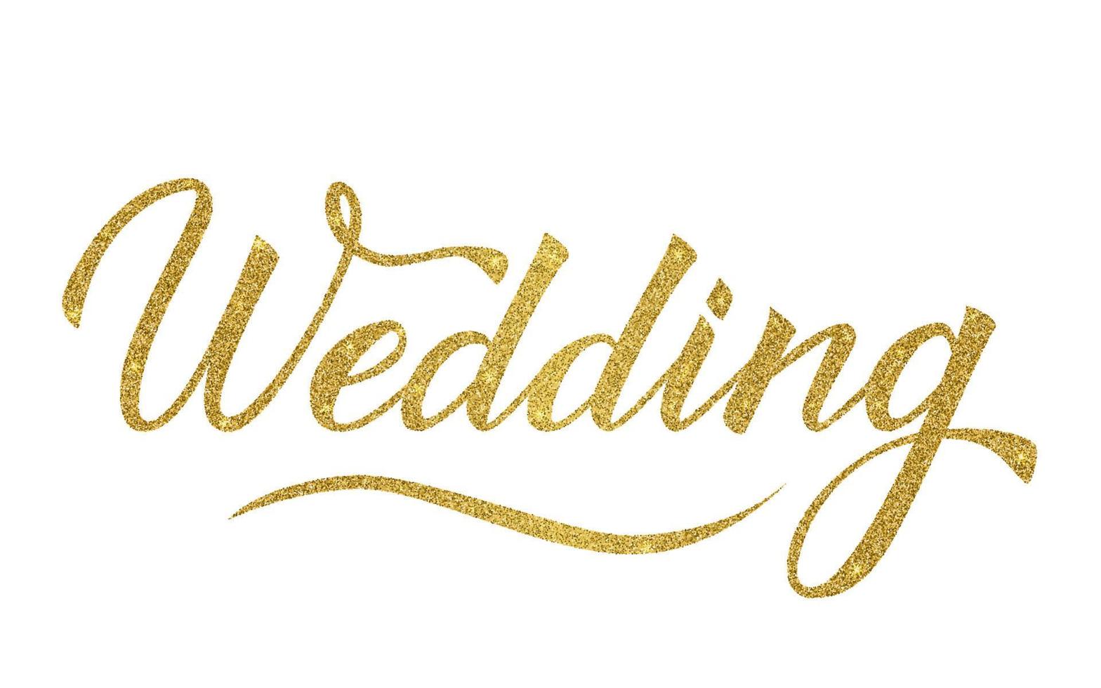 Sparkle gold glitter writing Wedding isolated on white. Hand written with brush calligraphy lettering. Easy to edit vector template