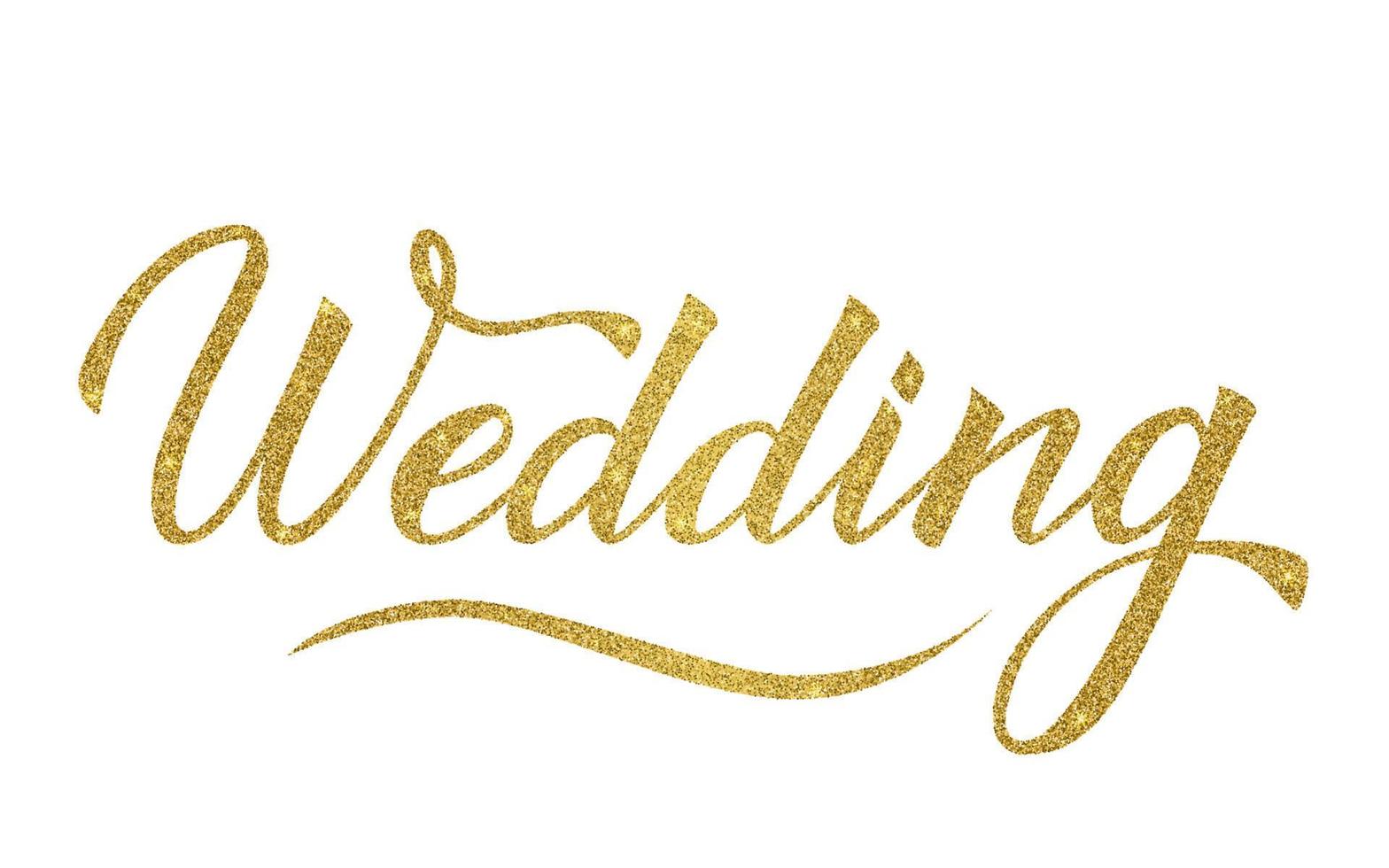 Sparkle gold glitter writing Wedding isolated on white. Hand written with brush calligraphy lettering. Easy to edit vector template