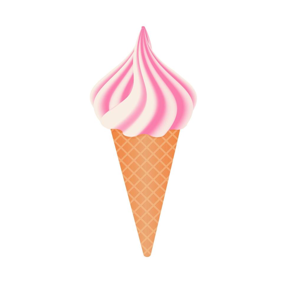 Realistic waffle cone with white and pink soft ice cream isolated. Vanilla and strawberry flavor of desserts. Concept of summer party and vacations. vector