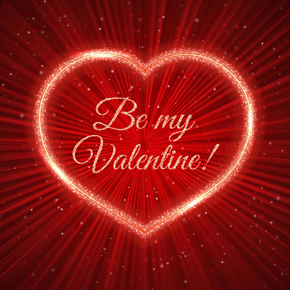 Be my Valentine Red Valentine s day greeting card with sparkling heart on shiny rays background. Romantic vector illustration. Easy to edit design template.