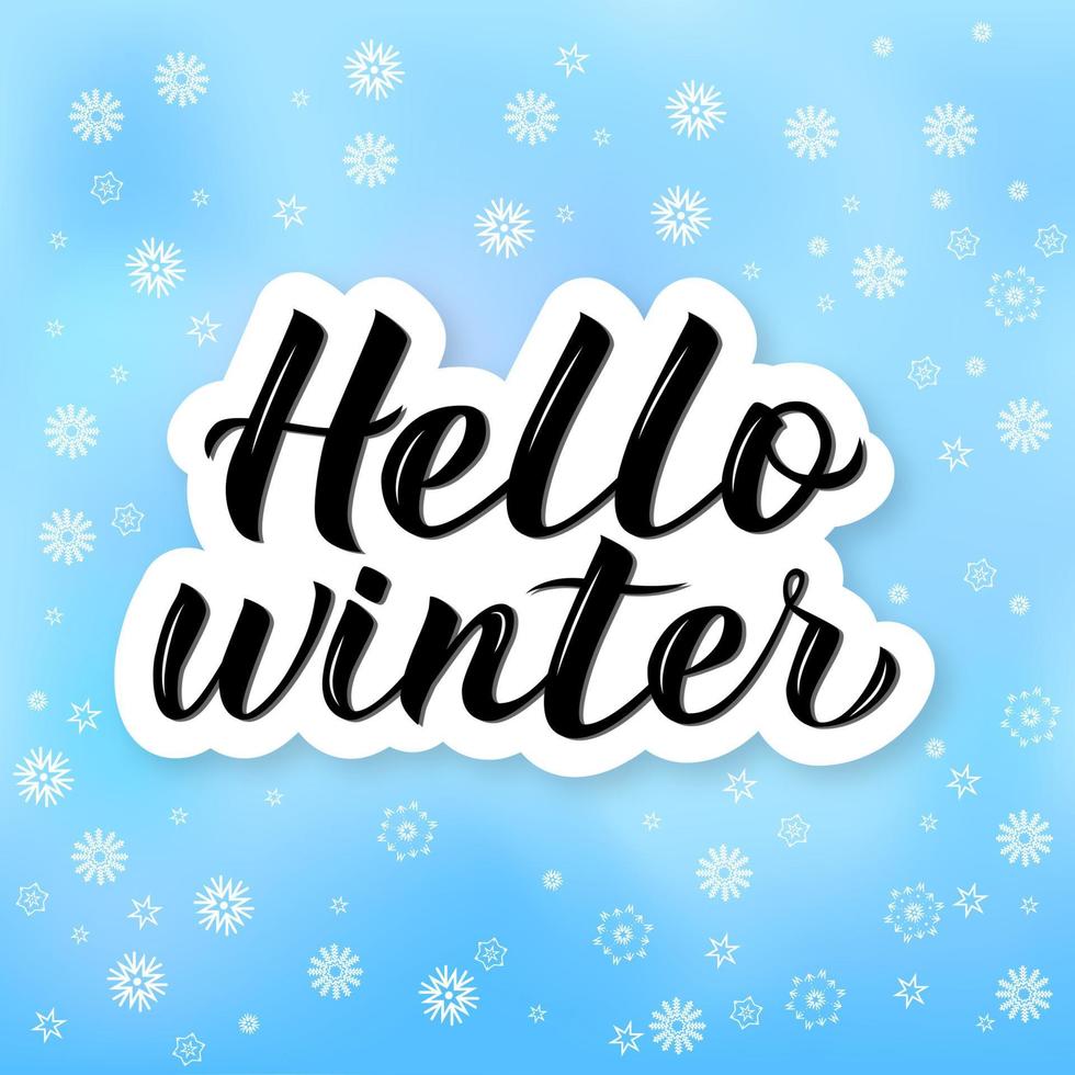 Hello Winter calligraphy lettering. Bright blue background with flying snowflakes. Winter party decorations. Holiday mood vector illustration.