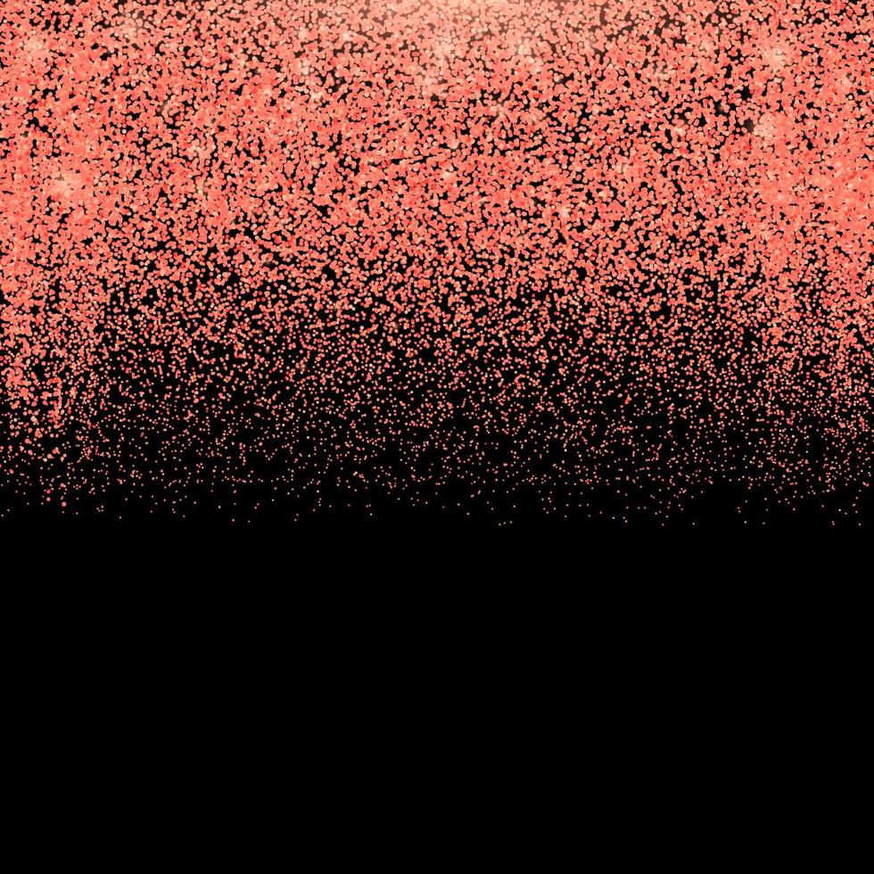 confeti en tonos de borde de coral vivo aislado en negro. el color del año 2019. puntos de destellos que caen. fondo de vector de polvo brillante. el color del año 2019. efecto de textura de brillo de oro rosa.