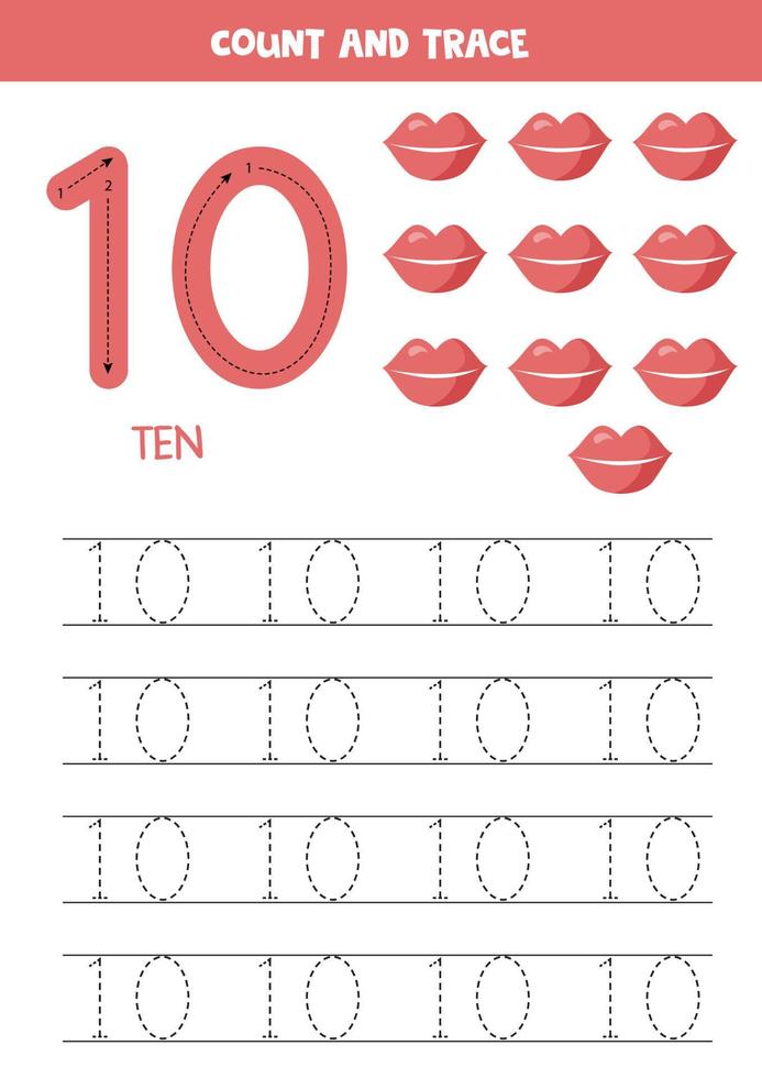 Tracing number 10. Preschool worksheet with kisses. vector