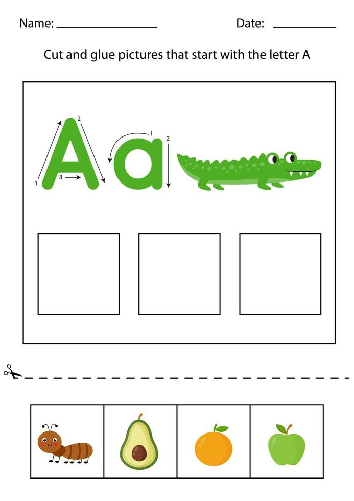 reconocimiento de letras para niños. corta y pega. carta a. vector